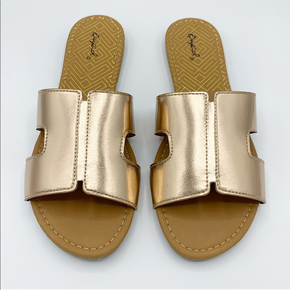 Rose Gold Metallic H Strap Slide Sandals Flat Slip On Summer Shoes